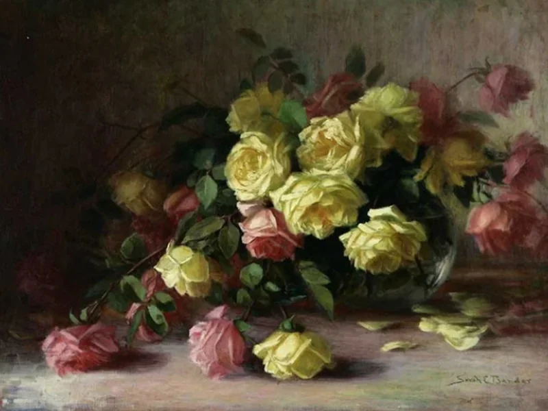 1852-Sarah E. Bender De Wolfe - Rose rosa e gialle in vaso di vetro